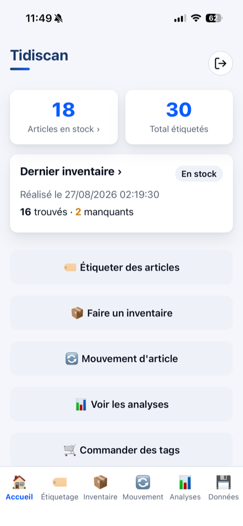 Tableau de bord : stock et dernier inventaire