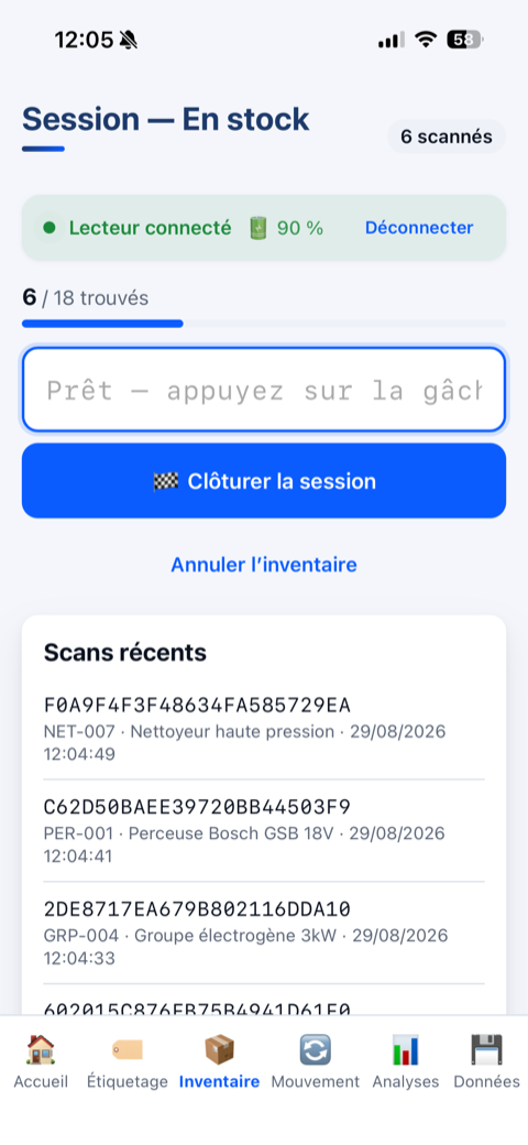 Session d'inventaire en cours, lecteur RFID connecté